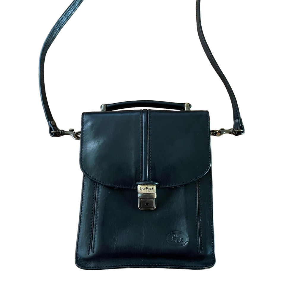 The Point black leather satchel-style cross-body bag with metal fastenings
